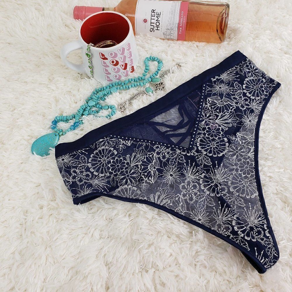 Victoria's Secret Blue Lace Glitter Crystals Thong
